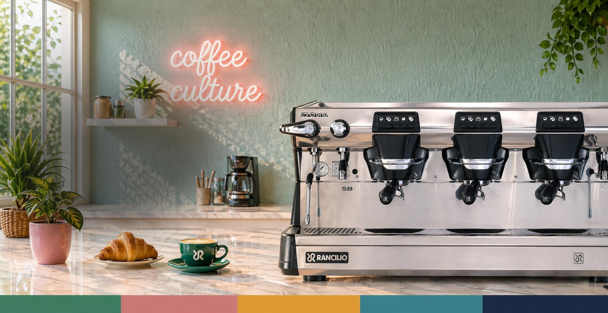 Rancilio Classe 5 Crono 3-ryhmainen espressokone kahvilaymparistossa kahvikupin ja croissantin kanssa