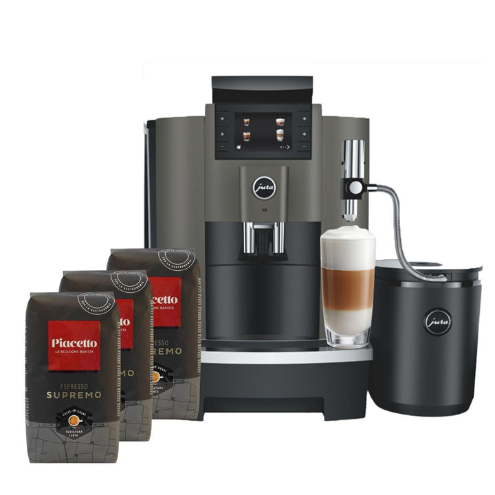 JURA W8 kahvikonepaketti yritykselle sisältäen Cool Control 1L maitokylmiön ja 3 kg espressopapuja