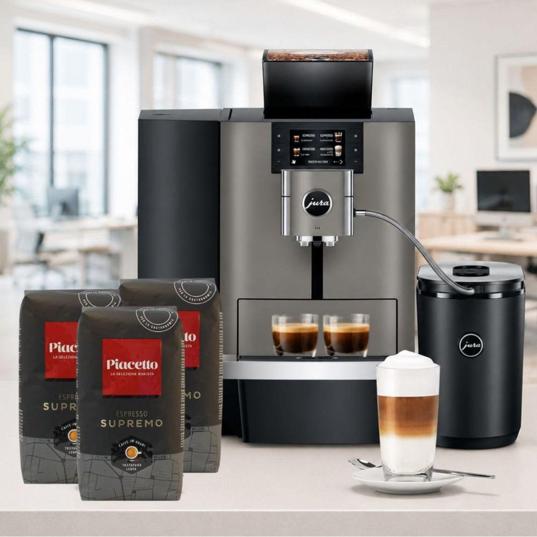 JURA X10 -konepaketti Cool Control -maidonjäähdyttimellä ja espressopavuilla toimistoon tai premium-kotikäyttöön