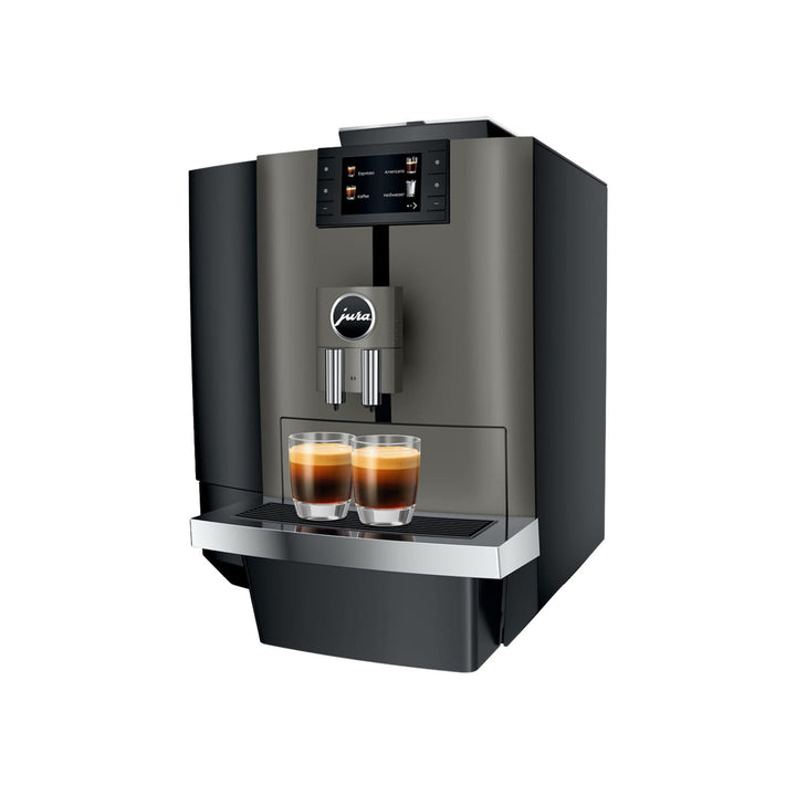 Jura X4c Dark Inox kahviautomaatti edestä – kaksi espressoa kupissa ammattikäyttöön