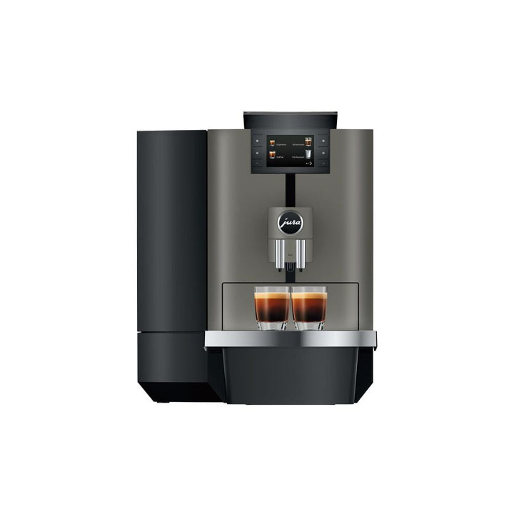 Jura X4c kahviautomaatti Dark Inox edestä – kaksi espressoa kupissa
