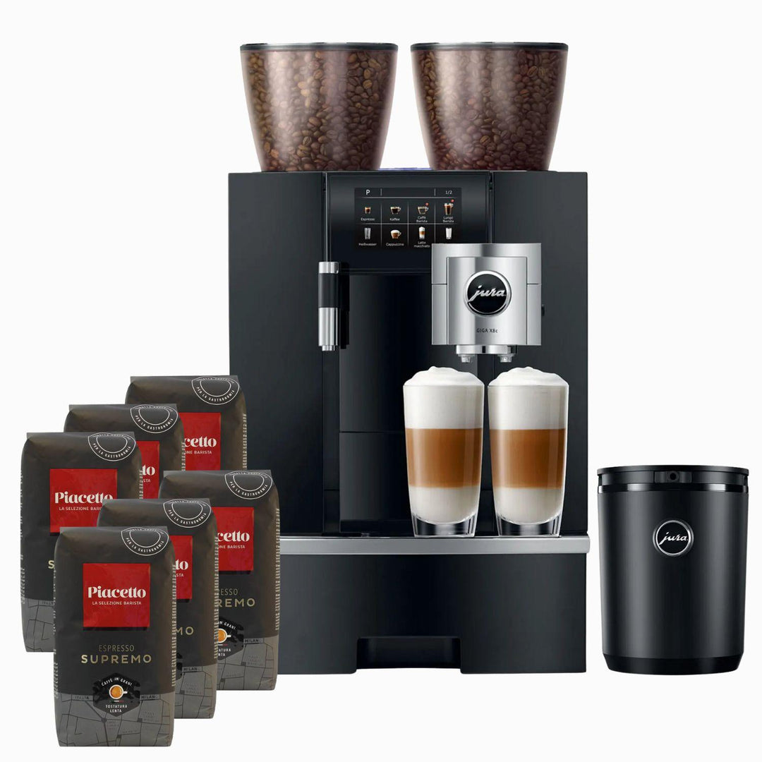 JURA X8 kahvikonepaketti yritykselle sisältäen Cool Control 1L maitokylmiön ja 6 kg espressopapuja