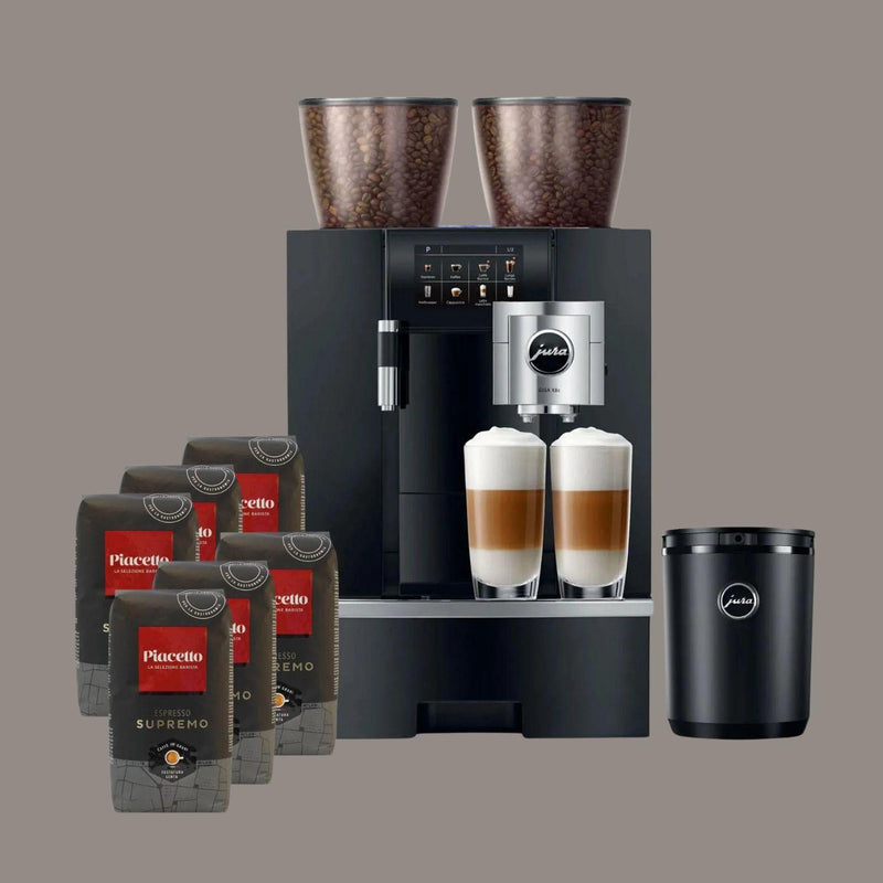 JURA X8 kahvikonepaketti yritykselle sisältäen Cool Control 1L maitokylmiön ja 6 kg espressopapuja