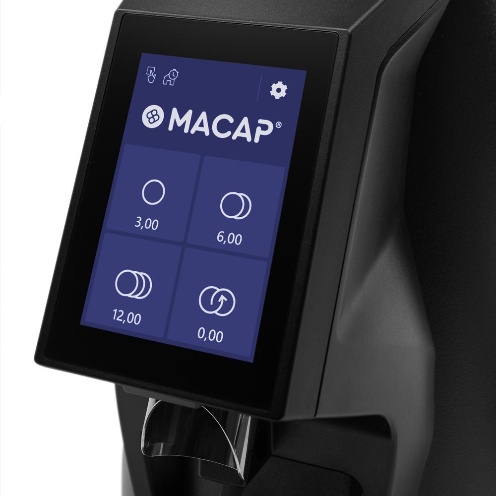 Macap MI40 Touch espressomyllyn kosketusnäyttö ja annosvalinnat lähikuvassa