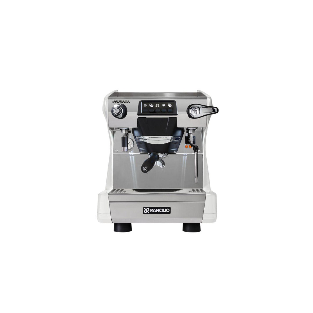 Rancilio Classe 5 1GR Crono valkoinen matala espressokone edestä kuvattuna