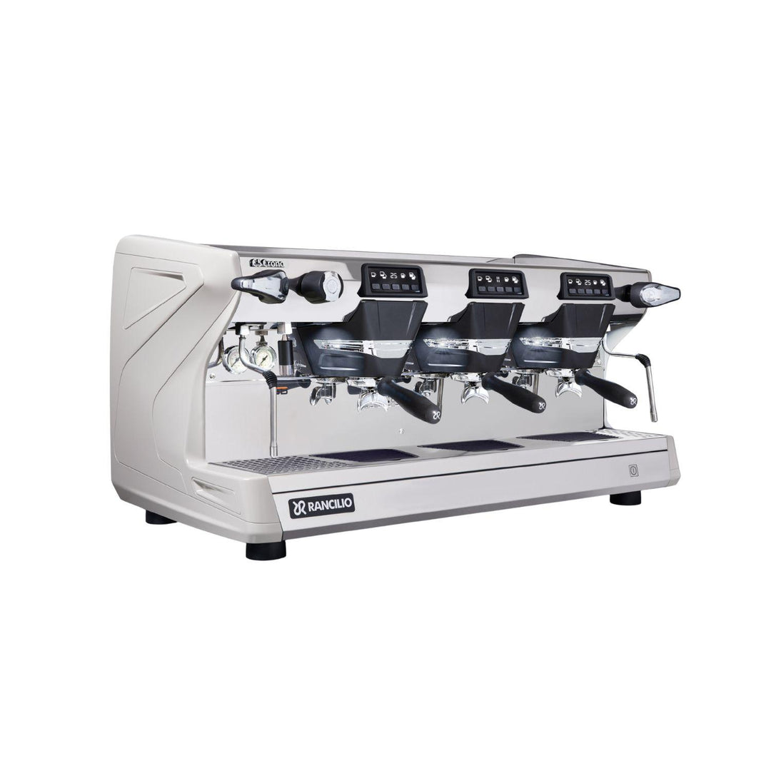 Rancilio Classe 5 Crono 3GR matala valkoinen espressokone viistosta