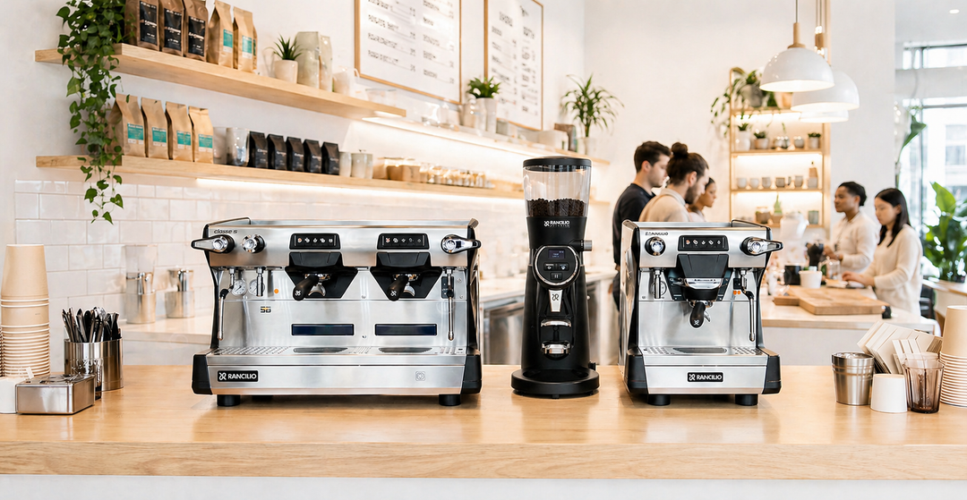 Rancilio Classe 5 Crono espressokoneet ja kahvimylly modernissa kahvilaympäristössä ammattikäytössä