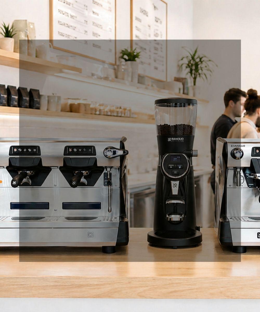 Rancilio Classe 5 -espressokonepaketti kahvilaympäristössä. Kuvassa 2-ryhmäinen Rancilio Classe 5 -espressokone, Rancilio Stile -kahvimylly sekä 1-ryhmäinen Rancilio Classe 5 -espressokone modernin kahvilan tiskillä.
