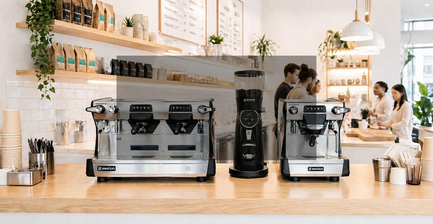 Rancilio Classe 5 -espressokonepaketti kahvilaympäristössä. Kuvassa 2-ryhmäinen Rancilio Classe 5 -espressokone, Rancilio Stile -kahvimylly sekä 1-ryhmäinen Rancilio Classe 5 -espressokone modernin kahvilan tiskillä.