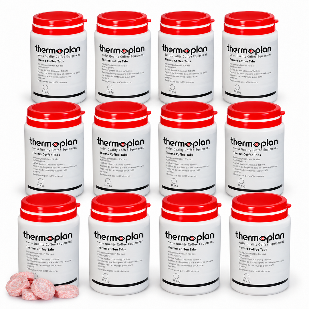 Thermoplan B&W4 Coffee -puhdistustabletit, 12 purkkia ja yhden purkin edessä punaiset puhdistustabletit